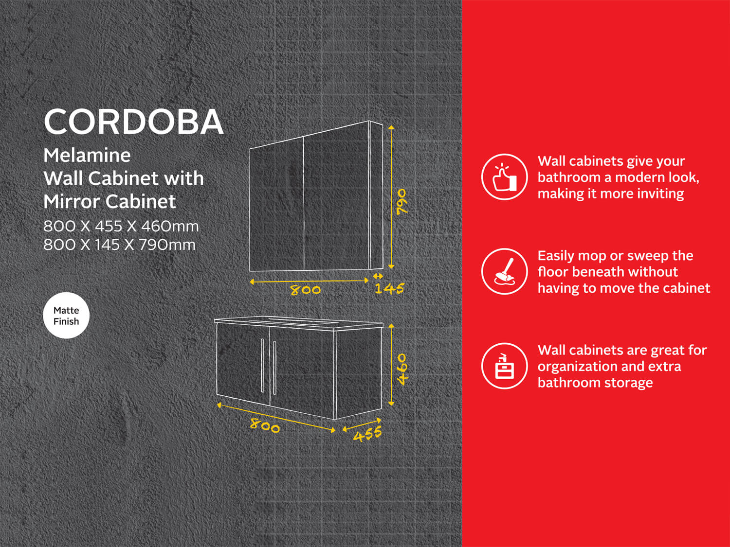 Cordoba Melamine Cabinet with High Mirror Cabinet Tech Data