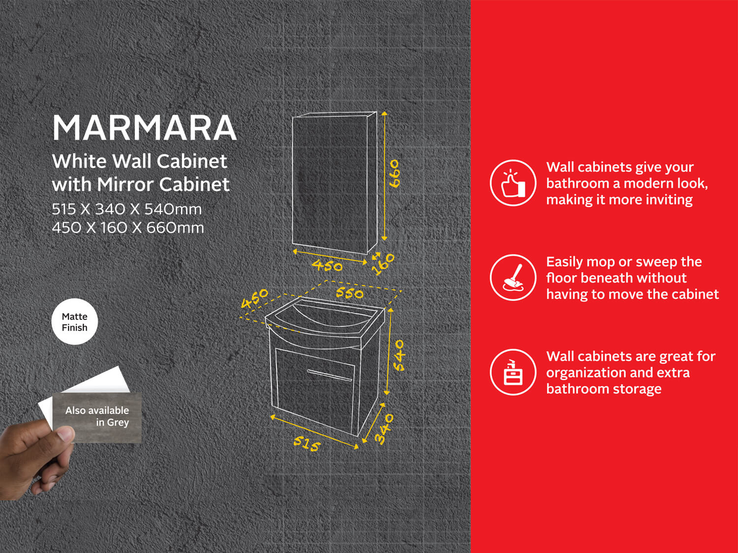 Marmara White Wall Hung Cabinet and Mirror Cabinet Tech Data