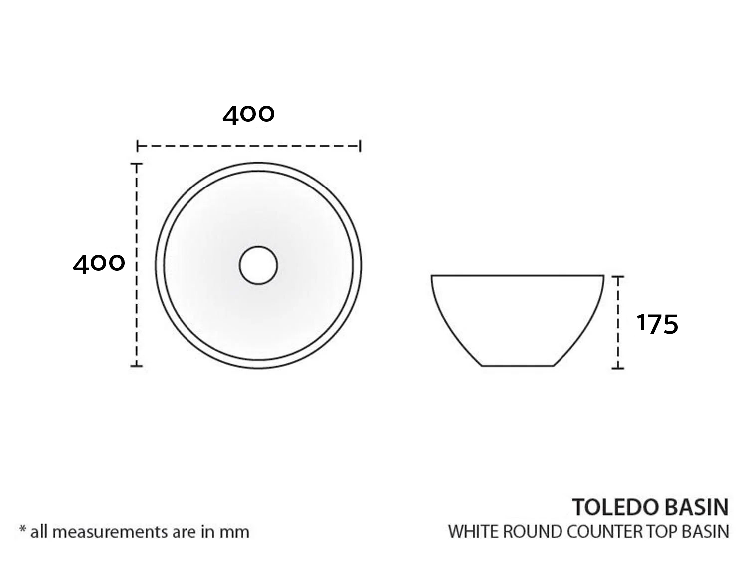 Ekos Toledo White Round Countertop Basin Tech Data