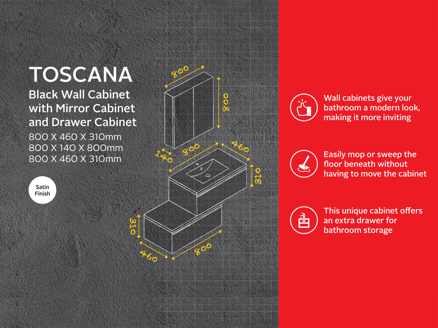 Toscana Black Wall Hung Cabinet and Mirror Cabinet Tech Data